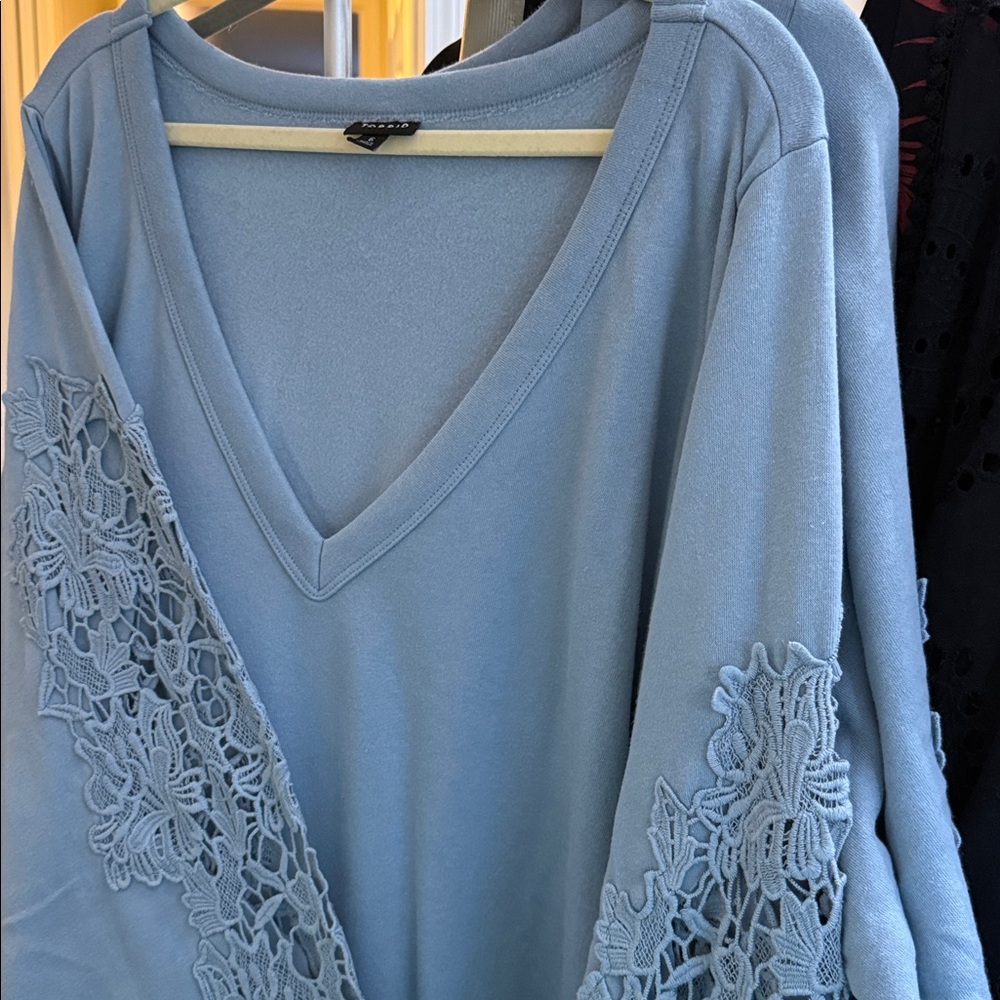 Beautiful crochet sleeve baby blue sweatshirt 6 x Torrid NWOT